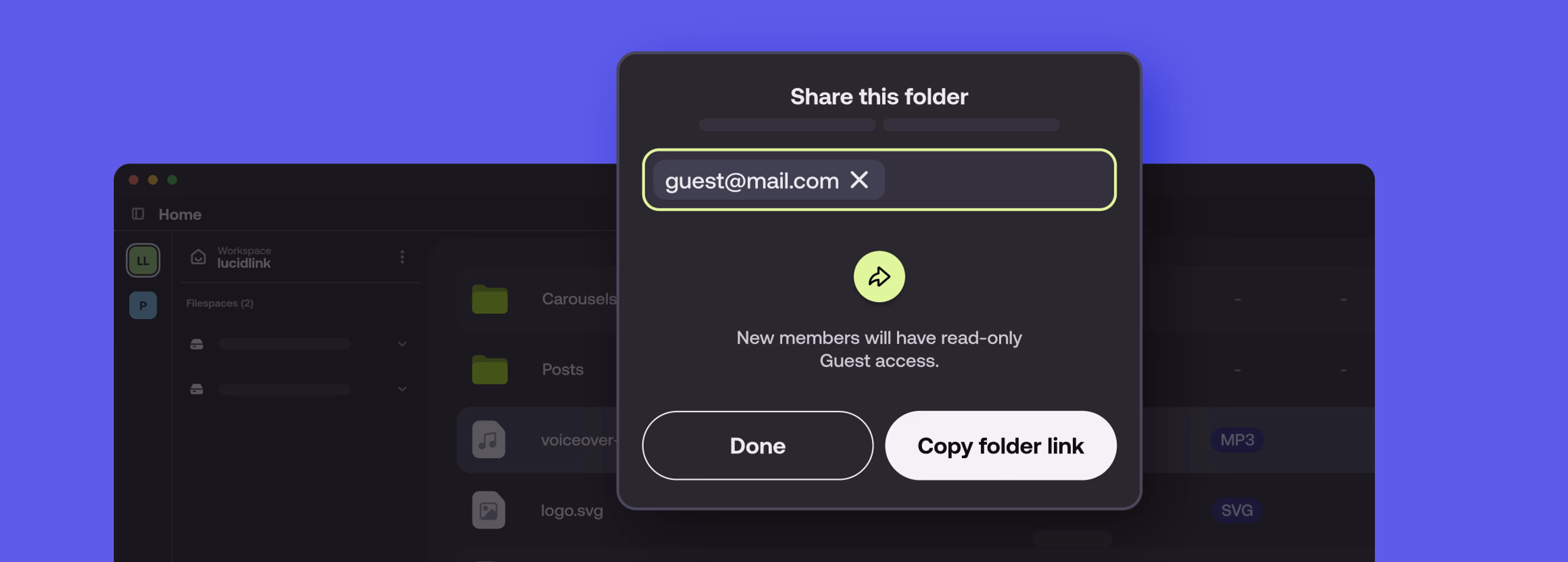 LucidLink's guest access settings 