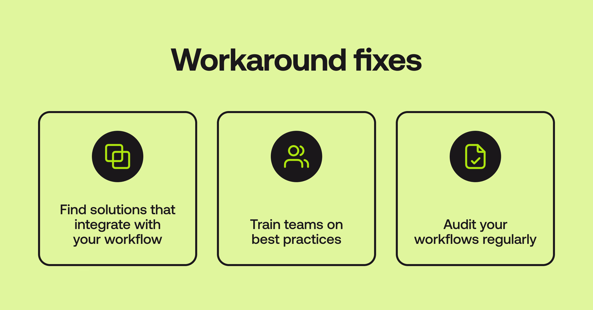 Workarounds fixes: solutions that integrate with your workflow; train on best practices; audit workflows regularly